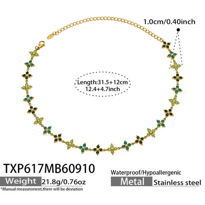 B廠【TXP617】跨境時尚四瓣花鋯石鈦鋼PVD真空電鍍小眾高級鎖骨鏈耳環手鍊組合
 26.09-3
