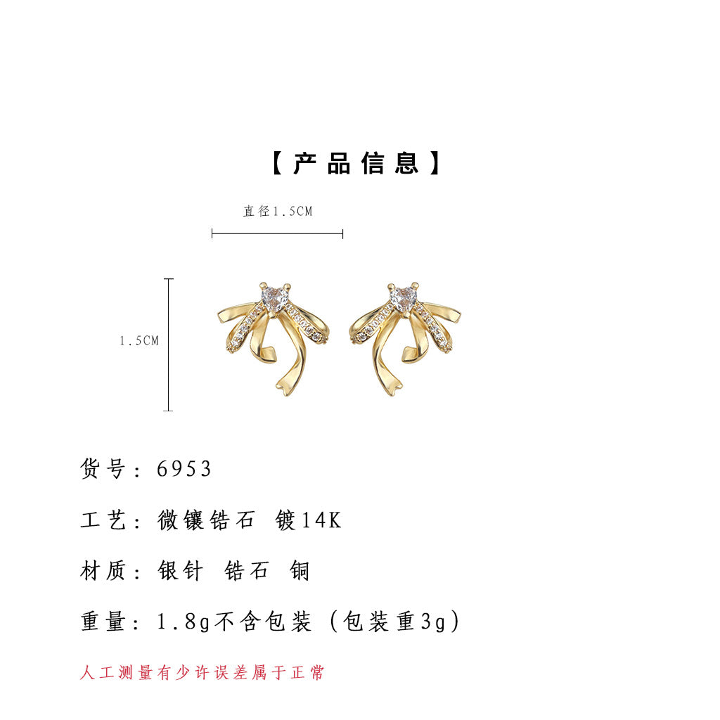 C廠【6953】微鑲鋯石立體飄帶蝴蝶結鋯石925銀針耳環 時尚高級感新款耳飾
 25.10-4