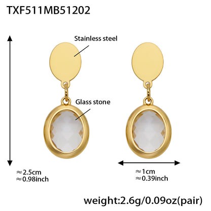 B廠【TXP511】不鏽鋼幾何橢圓切面玻璃石包邊項鍊手鍊耳環組鍍18k金跨國首飾
 25.12-2