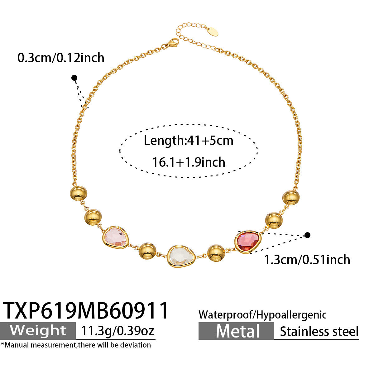 B廠【TXP619】歐美風彩面玻璃石不銹鋼鍍金不規則高級感不掉色項鍊手鍊套裝飾品 26.09-3