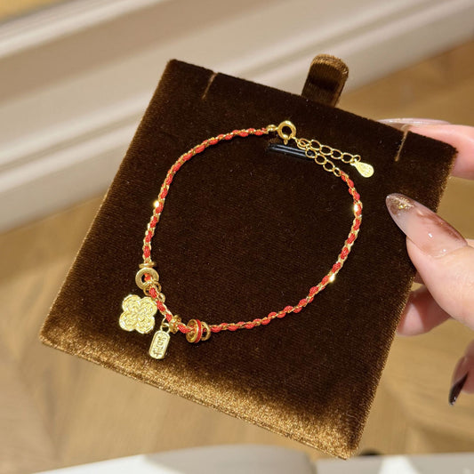 E廠【XDQ0146S】S925純銀新中式四葉草紅繩編織手鍊女氣質吉祥牌百搭手飾
 26.01-1