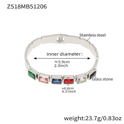 B廠【Z518】不鏽鋼方形彩色玻璃石手鐲ins小眾設計歐美潮酷飾品鍍18k金不掉色
 25.12-2