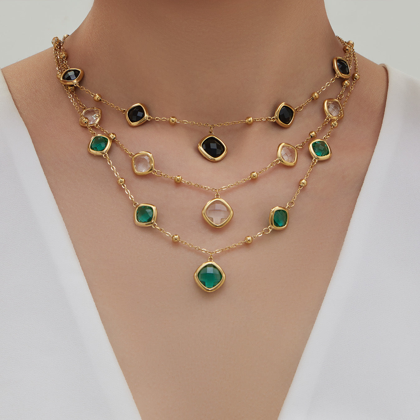 B廠【TXP517】不銹鋼方形切麵包邊玻璃石吊墜耳環項鍊手鍊珠寶首飾套裝鍍18k金
 25.12-2