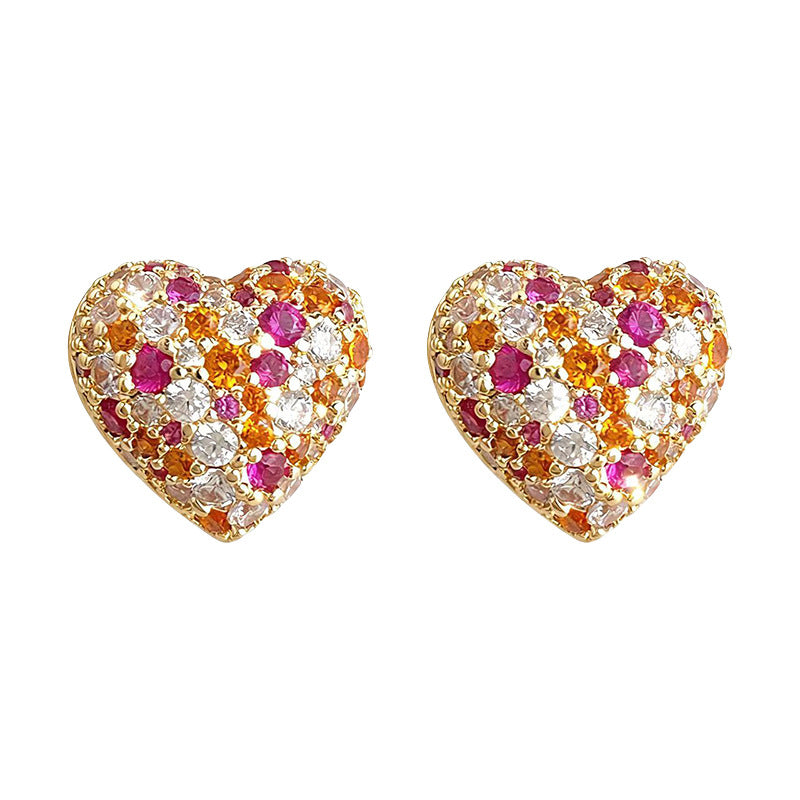 A廠【7180】輕奢風時尚滿鋯石彩鑽愛心 925銀針耳環女時尚高級感通勤百搭耳飾
 25.12-1