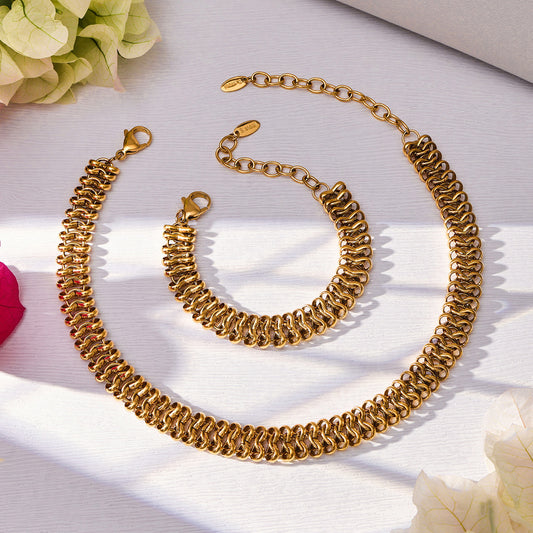 B廠【TXP565】歐美新款手工編織古巴嘻哈項鍊手鍊潮人街舞不鏽鋼18k金飾品套裝
 26.03-2