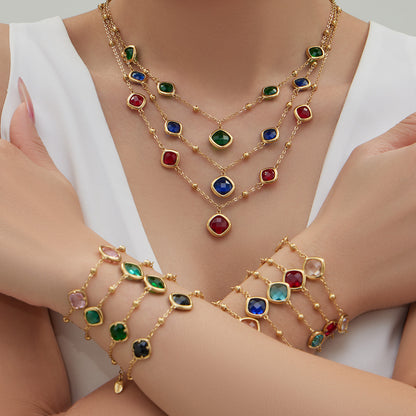 B廠【TXP517】不銹鋼方形切麵包邊玻璃石吊墜耳環項鍊手鍊珠寶首飾套裝鍍18k金
 25.12-2