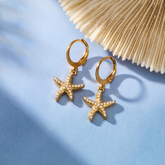 B廠【F051】小清新ins風小海星鑲嵌鋯石耳環歐美時尚新款不鏽鋼鍍18k真金耳飾
 26.04-4