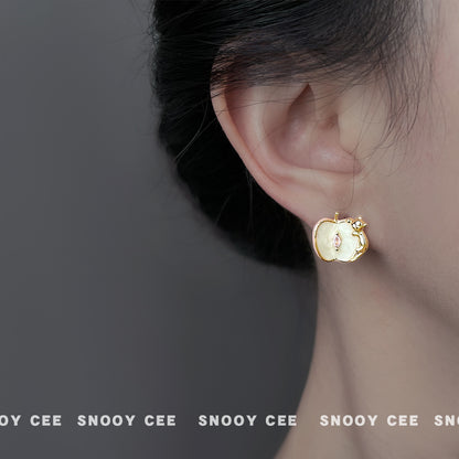 A廠【6895】原創設計師款蘋果與貓咪925銀針琺瑯滴釉彩繪鋯石耳環耳飾女
 25.10-2