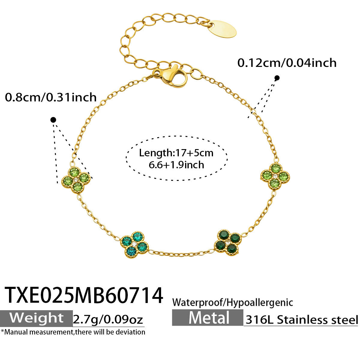 B廠【TXP025】歐美多巴胺系列四葉花不銹鋼鍍18k金 鑲嵌鋯石項鍊手鍊女飾品套裝
 26.07-4