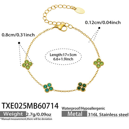 B廠【TXP025】歐美多巴胺系列四葉花不銹鋼鍍18k金 鑲嵌鋯石項鍊手鍊女飾品套裝
 26.07-4