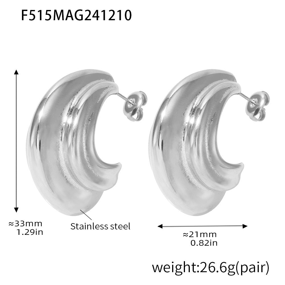 B廠【F515】不鏽鋼多層C型曲面重工拋光質感耳環 PVD鍍18K真金網紅耳環 24.12-3