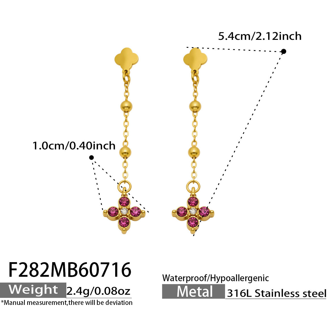 B廠【F282】歐美甜美風不鏽鋼鍍18k金 鑲嵌鋯石四葉花長吊墜耳環時尚飾品女
 26.07-4