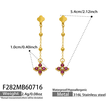 B廠【F282】歐美甜美風不鏽鋼鍍18k金 鑲嵌鋯石四葉花長吊墜耳環時尚飾品女
 26.07-4