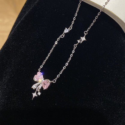 E廠【DQ1643N】S925純銀甜美粉紅蝴蝶結項鍊女小眾高級感粉鋯星星流蘇鎖骨鏈
 25.09-3
