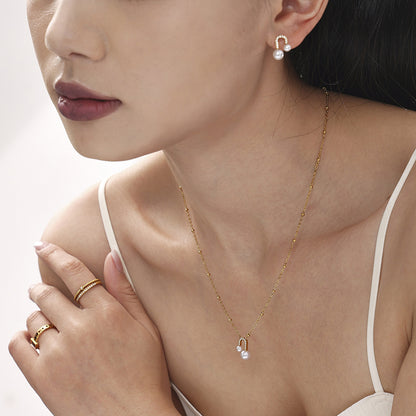 B廠【TXP231】U型貝珠鋯石項鍊耳環小眾設計感輕奢時尚鎖骨鏈耳飾套裝女 25.03-3