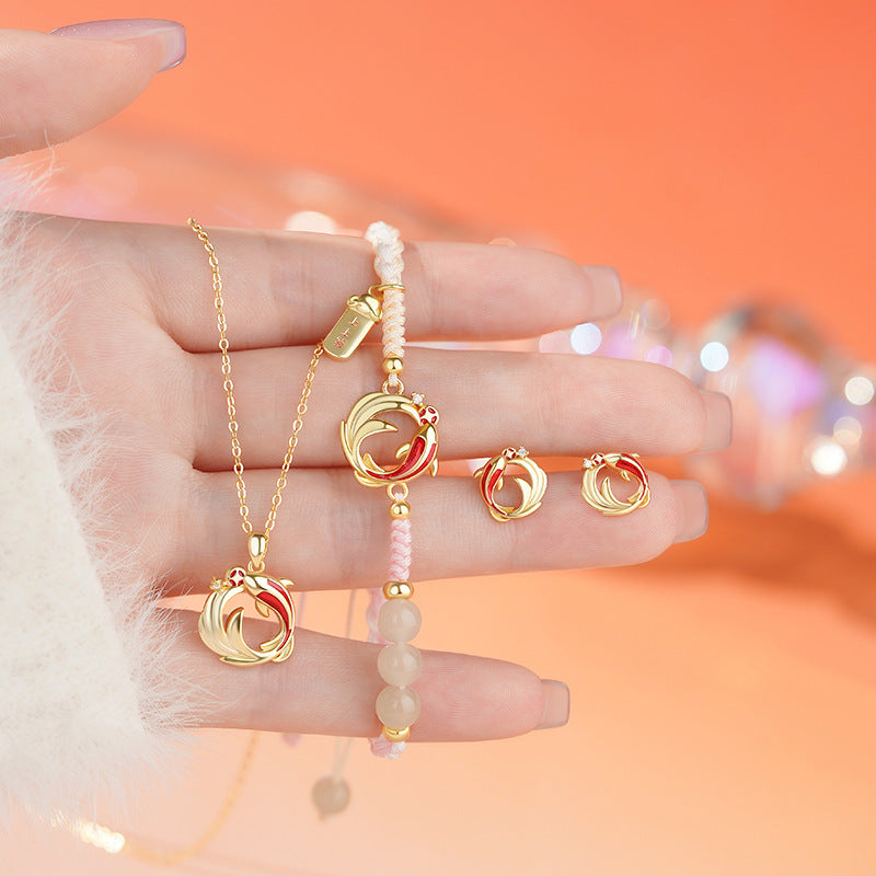 E廠【YC3241N】原創S999足銀年年有魚雙錦鯉耳環新年和田玉手鍊鎖骨鏈
 25.10-4