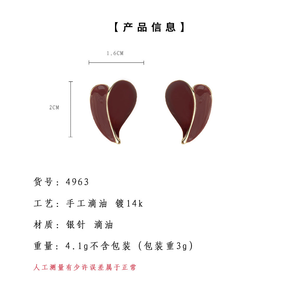 C廠【4963】安可拉紅琺瑯滴釉鍍14K酒紅色愛心耳環925銀針港風耳飾飾品女 24.10-4