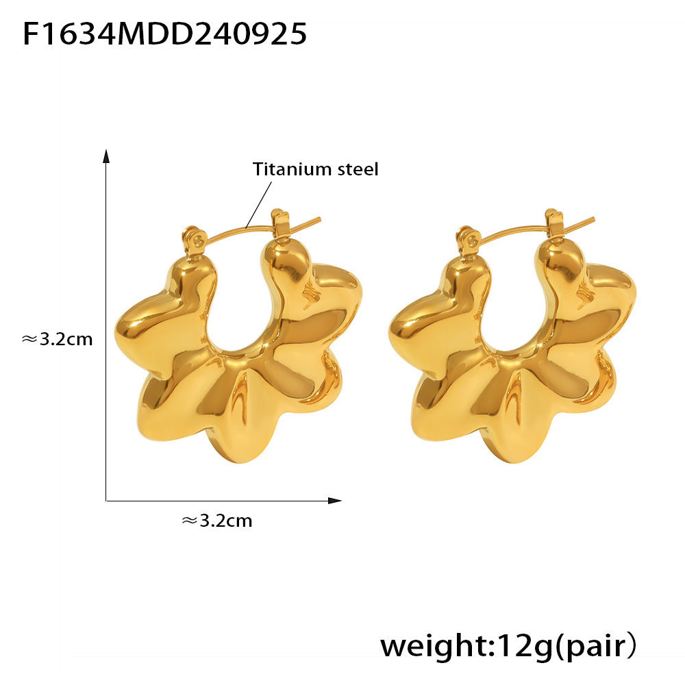 B廠【F1632】跨國時尚新幾何花朵空心耳環鈦鋼鍍18k金個性氣質歐美風耳飾女 24.10-1