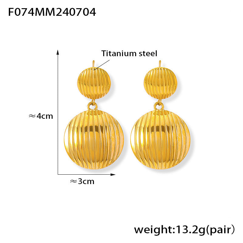 B廠【F074】歐美小眾設計大小拼接圓牌條紋耳環鈦鋼輕奢氣質甜美風個性女耳環 24.07-2