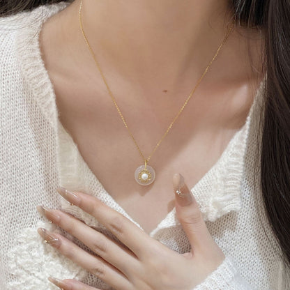 E廠【XDQ0054N】S925純銀白玉髓平安扣項鍊女新中式淡水珍珠四葉草鎖骨鏈
 25.11-1