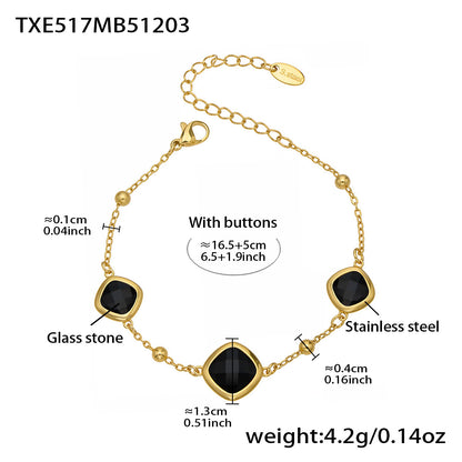 B廠【TXP517】不銹鋼方形切麵包邊玻璃石吊墜耳環項鍊手鍊珠寶首飾套裝鍍18k金
 25.12-2