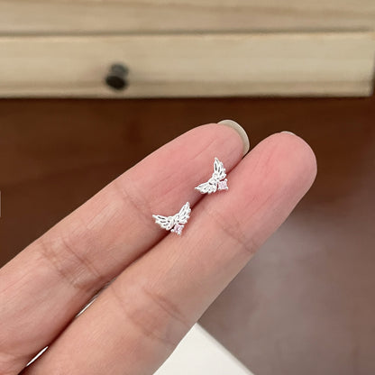 E廠【XDQ10673E】S999純銀簡約小巧天使之翼耳環女粉色鋯石蝴蝶結時尚耳環ins
 26.03-3