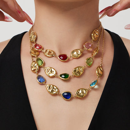 B廠【P605】歐美跨國新款多切面透亮水滴玻璃石鎖骨項鍊氣質輕奢風不鏽鋼飾品
 26.01-2