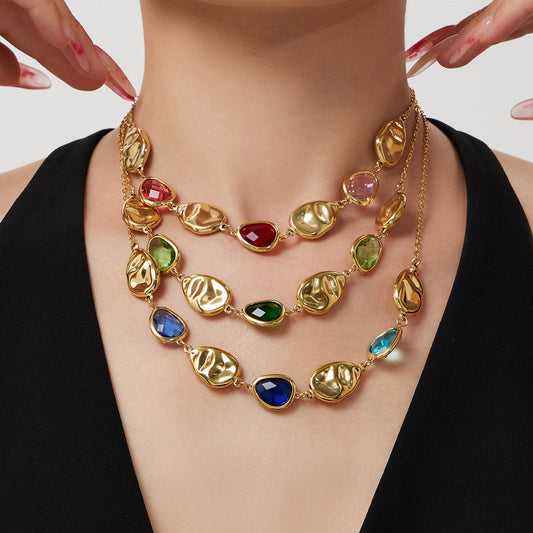 B廠【P605】歐美跨國新款多切面透亮水滴玻璃石鎖骨項鍊氣質輕奢風不鏽鋼飾品
 26.01-2