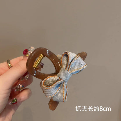 C廠【X484】韓國ins新款牛仔布藝蝴蝶結髮夾女時尚後腦勺抓夾小號鯊魚夾髮飾
 26.06-3