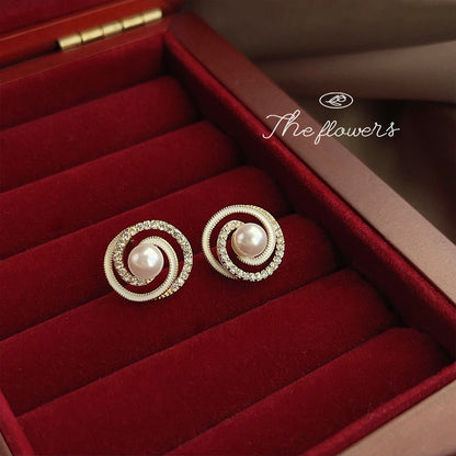 C廠【3230】法式優雅珍珠耳環女微鑲鋯石鏤空螺紋高級感輕奢圓耳飾925銀針
 25.10-4