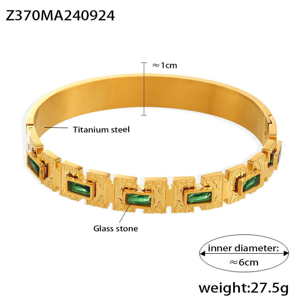 B廠【Z370】歐美幾何方塊綠玻璃卡扣手環跨境時尚新款鈦鋼鍍18k金氣質手環女 24.10-1