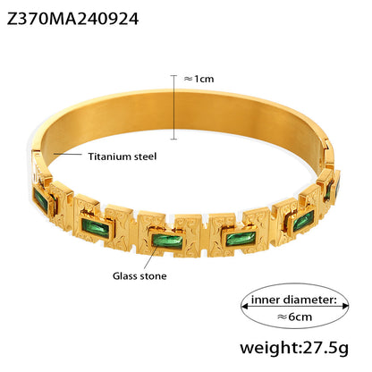 B廠【Z370】歐美幾何方塊綠玻璃卡扣手環跨境時尚新款鈦鋼鍍18k金氣質手環女 24.10-1