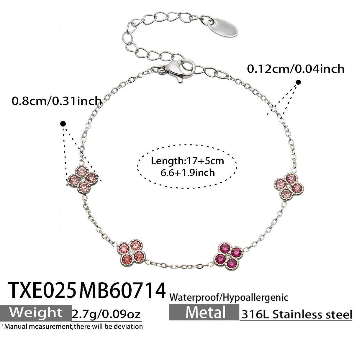 B廠【TXP025】歐美多巴胺系列四葉花不銹鋼鍍18k金 鑲嵌鋯石項鍊手鍊女飾品套裝
 26.07-4