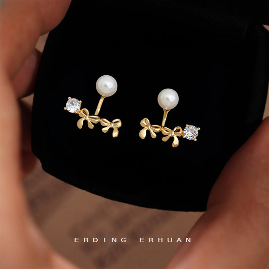 C廠【6384】設計師款~一款兩戴鋯石蝴蝶結玻璃爆款珍珠925銀針鍍14K耳環 耳飾
 25.11-1