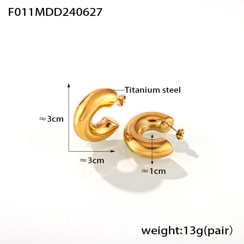 B廠【F011】韓國版新款氣質幾何鈦鋼鍍18k金耳環冷淡風C型光面簡約小眾百搭耳飾 24.07-1