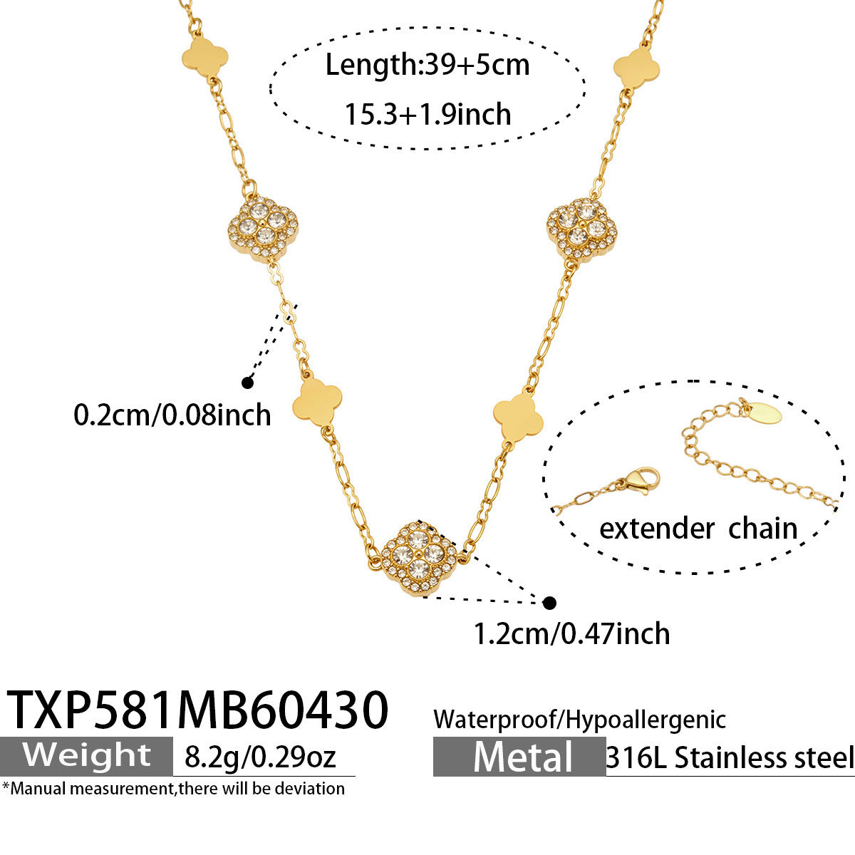 B廠【TXP581】四葉花滿鑽鋯石幾何項鍊手鍊chic歐美時尚輕奢百搭不鏽鋼首飾套裝
 26.05-2