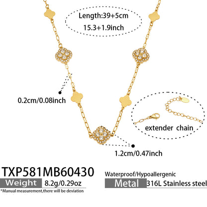 B廠【TXP581】四葉花滿鑽鋯石幾何項鍊手鍊chic歐美時尚輕奢百搭不鏽鋼首飾套裝
 26.05-2