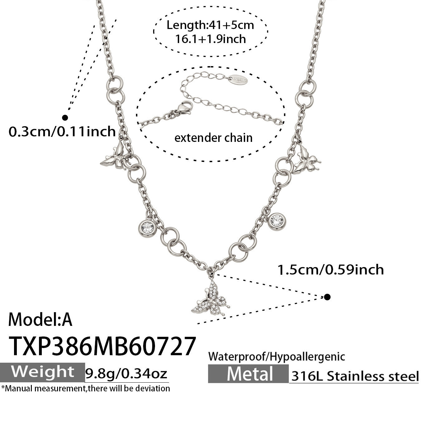 B廠【TXP386】夏日風蝴蝶圓珠吊墜項鍊手鍊 316不銹鋼鍍金輕奢高級感氣質飾品女
 26.07-5