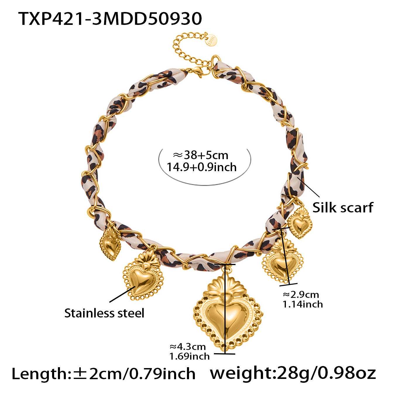 B廠【TXP421】歐美復古絲巾不銹鋼多愛心吊墜項鍊手鍊設計小眾首飾套裝女
 25.10-3