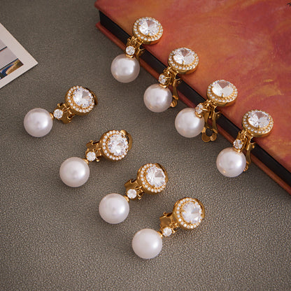 B廠【F584】歐美新款飾品無耳洞耳夾帶鑽仿珍珠耳飾不鏽鋼鍍18k金保色 25.08-5