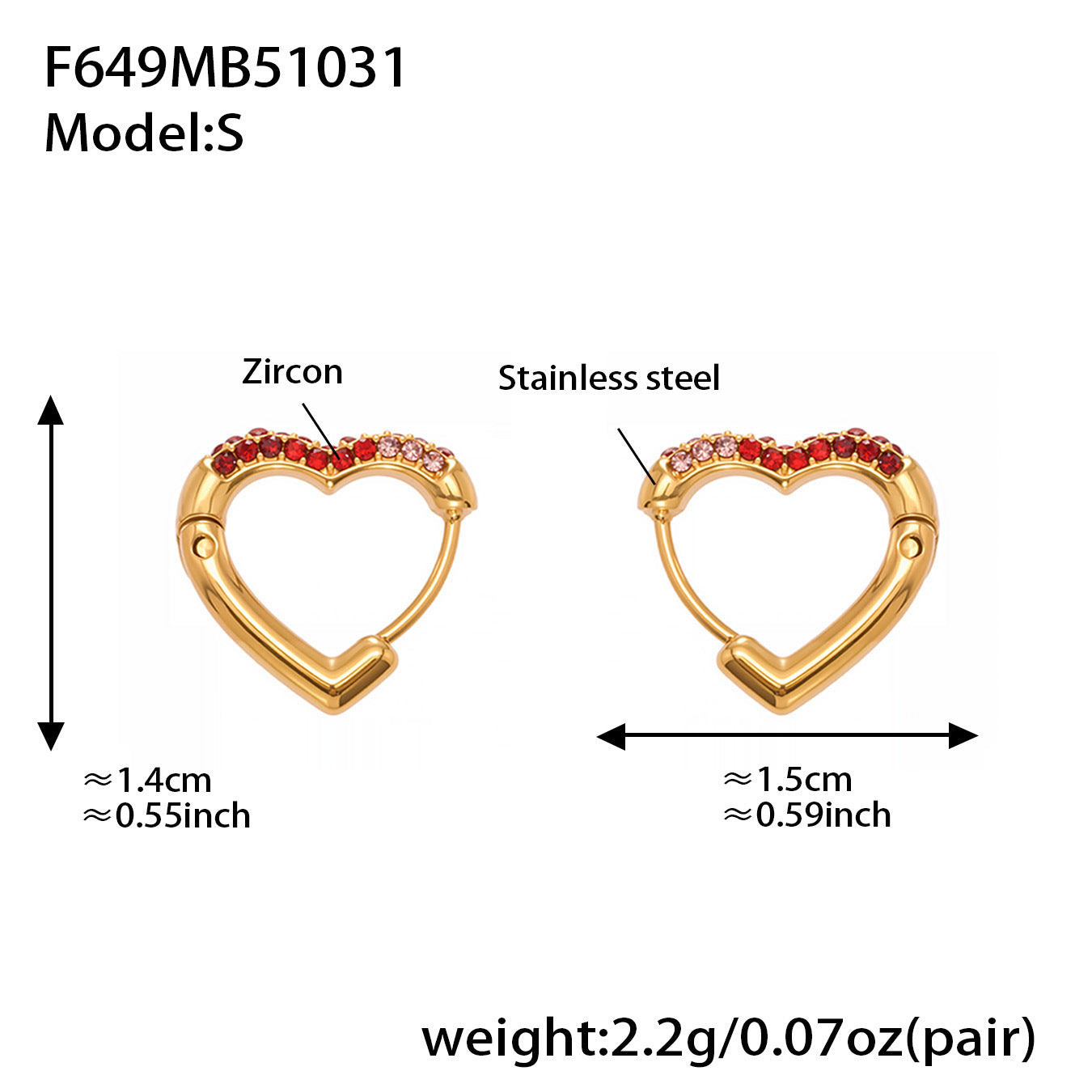 B廠【F649】跨境新款愛心彩色鋯石耳環耳環不鏽鋼鍍18k金時尚百搭耳飾
 25.11-1