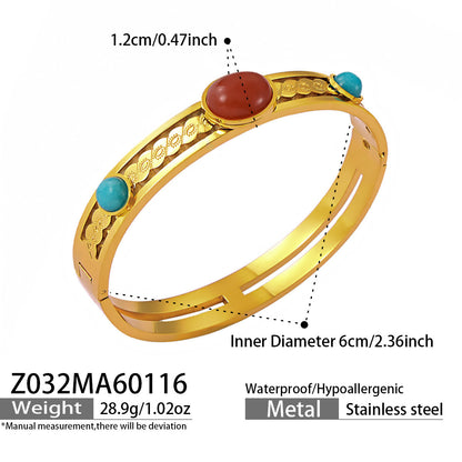 B廠【Z100】跨境熱銷個性鑲嵌天然石紅瑪瑙設計感滴油不鏽鋼鍍金幾何手環組合
 26.01-3
