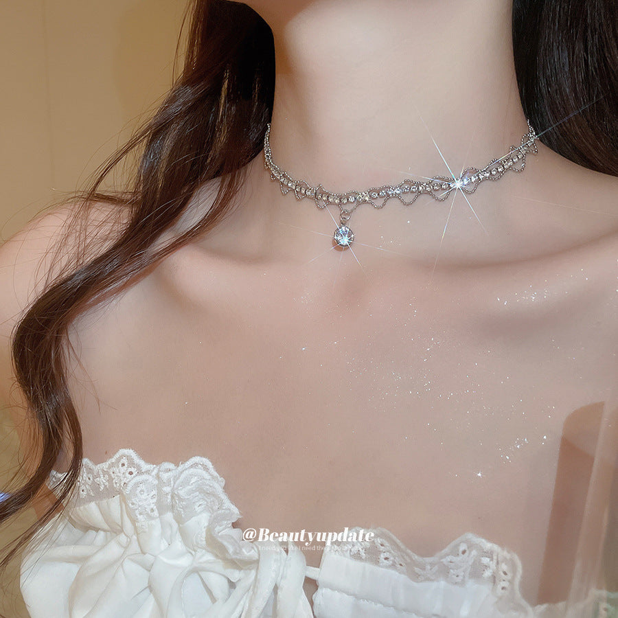 A廠【HN9703】超閃鑲鑽鋯石花邊幾何圓形吊墜項鍊歐美百搭鎖骨鏈輕奢高級感頸鏈 25.08-2