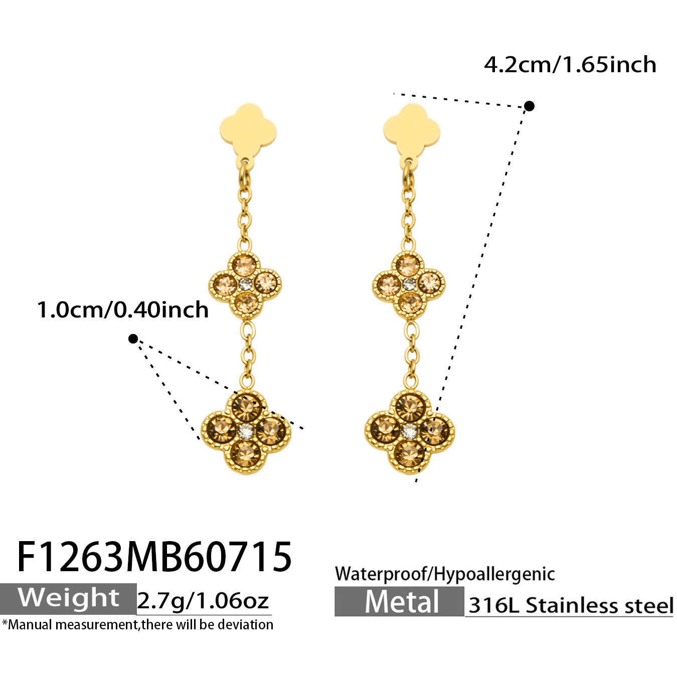 B廠【F1263】小花帶鑽鑲嵌鋯石吊墜耳環不鏽鋼鍍18k金歐美時尚輕奢耳環飾品女
 26.07-4