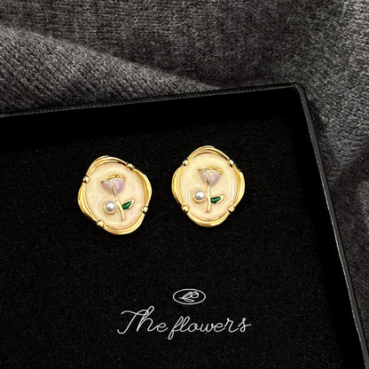 A廠【5299】清新甜美925銀針鍍14K春天花鬱金香耳環耳飾 25.01-3