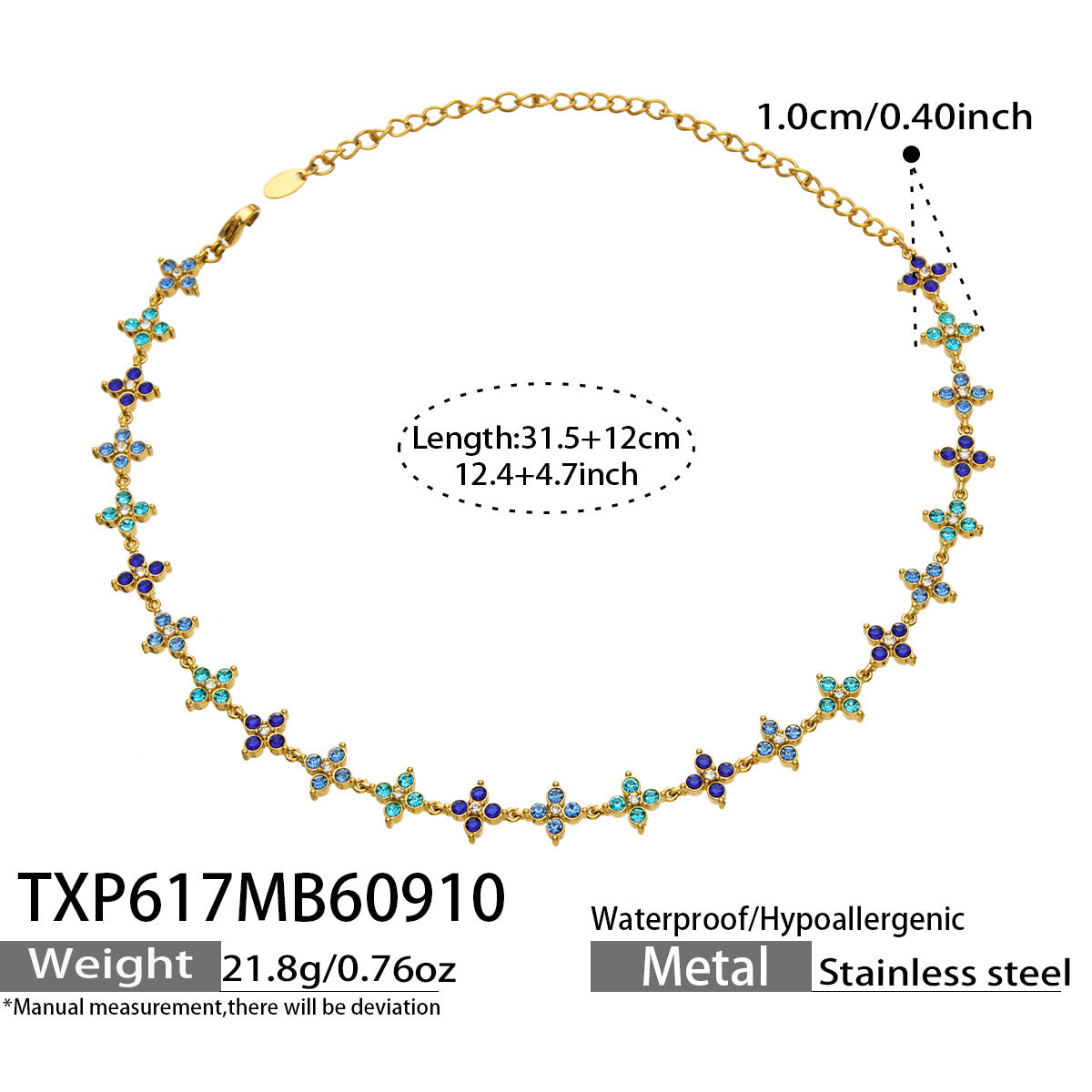 B廠【TXP617】跨境時尚四瓣花鋯石鈦鋼PVD真空電鍍小眾高級鎖骨鏈耳環手鍊組合
 26.09-3