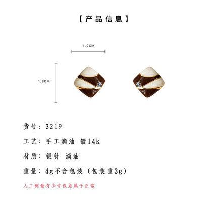 A廠【3219】港風文藝復古幾何方形琺瑯釉撞色酒紅白氣質耳環耳環飾品 25.08-1