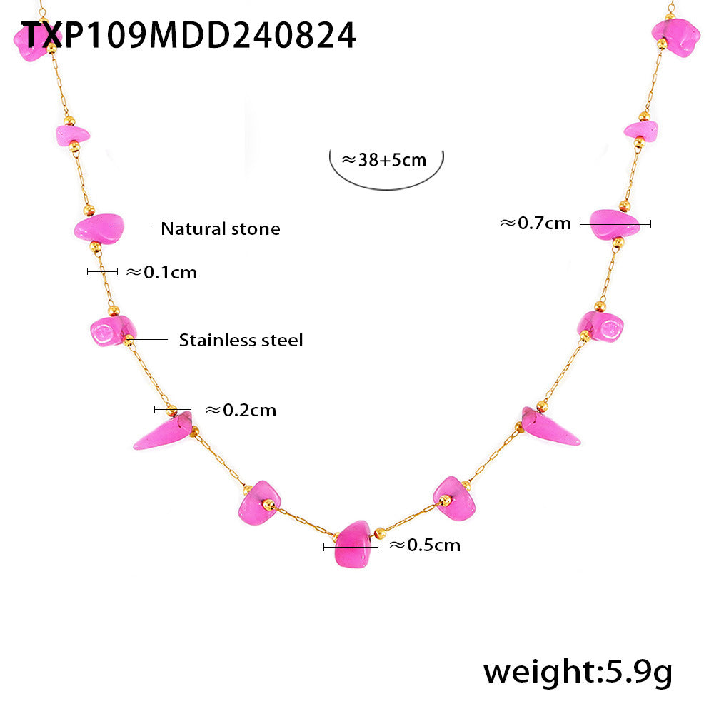 B廠【P109】輕奢感波西米亞風粉紅天然石手工製作鎖骨項鍊手鍊不銹鋼女裝 24.08-5