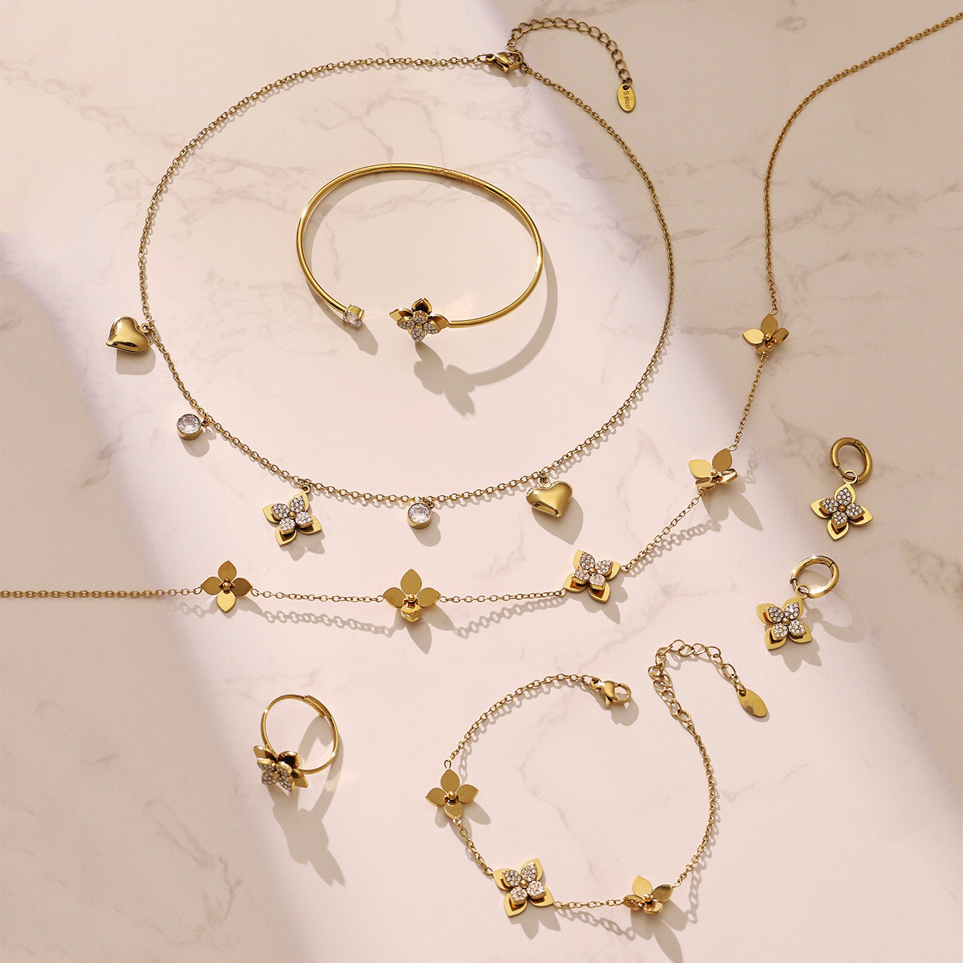 B廠【TXP535】歐美跨境簡約花朵鑲嵌鋯石開口戒指手鐲個性手鍊項鍊耳環首飾套裝
 26.01-2