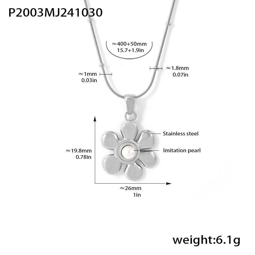 B廠【P2003】 法國氣質太陽花仿珍珠吊墜鎖骨項鍊不鏽鋼PVD電鍍真金保色 24.11-2